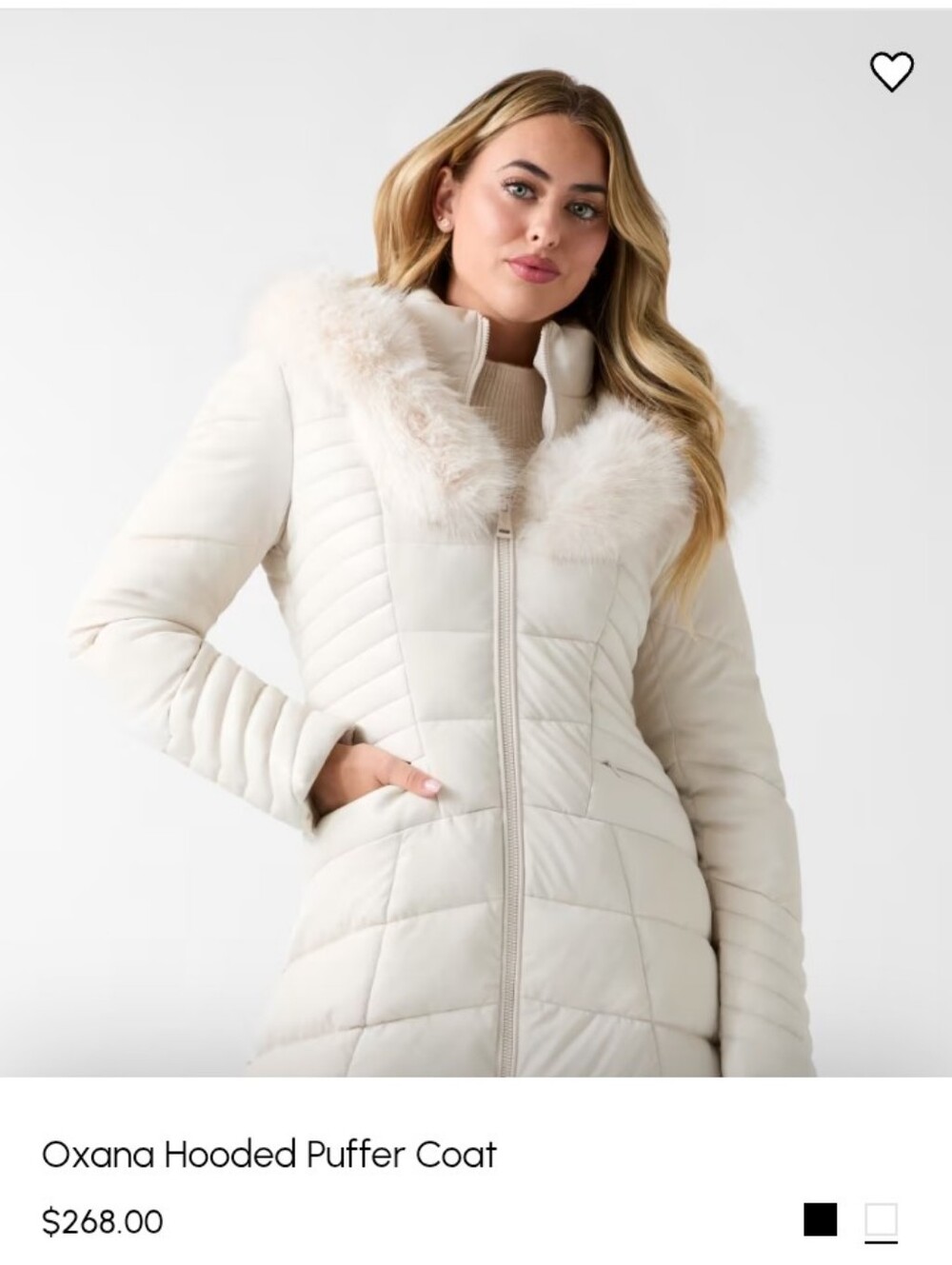 GUESS Oxana Hooded Puffer Coat in Ivory with Faux-Fur Trim